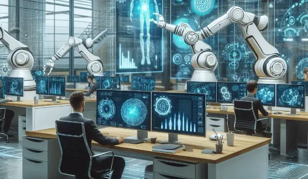 A.I. Business Automations workspace with robots, holographic displays and technicians at computers