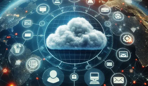 Intricate digital spiderweb connecting all aspects of business infrastructure