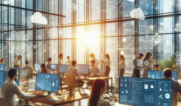 Futuristic managed IT services office with holographic displays and workers at computers