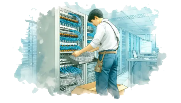 Professional technician installing network cables